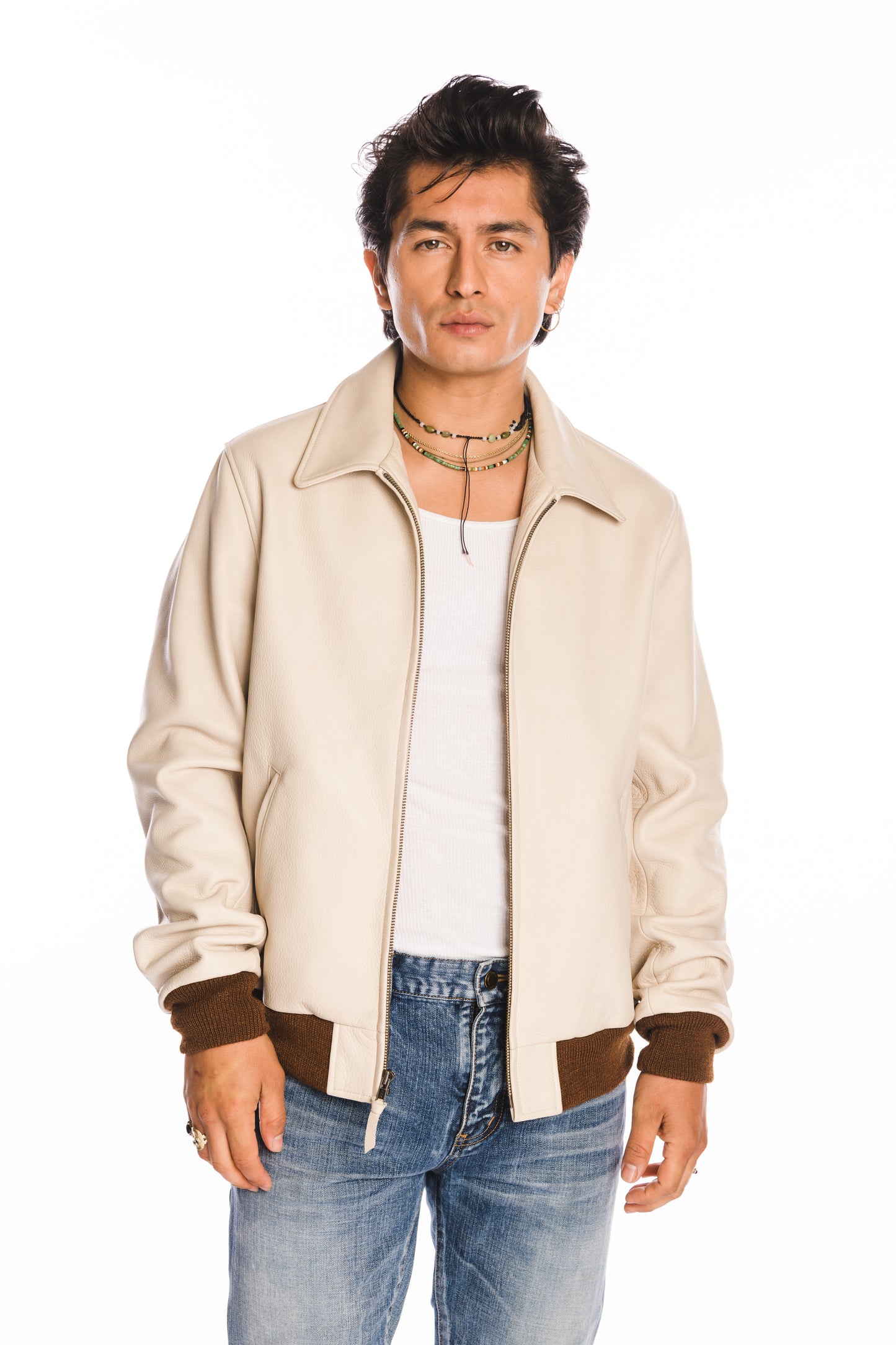 Bedford Leather Baseball Jacket in Ivory