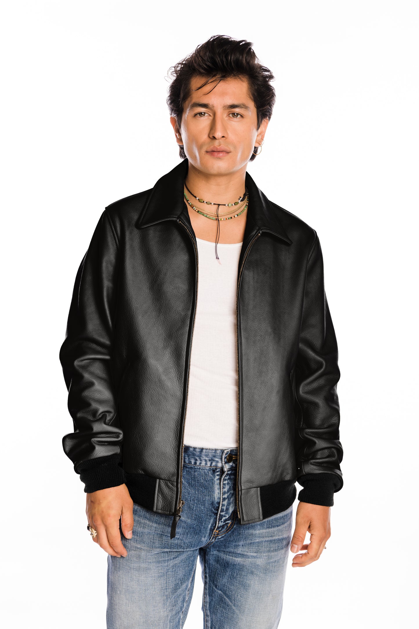 Bedford Leather Baseball Jacket in Black