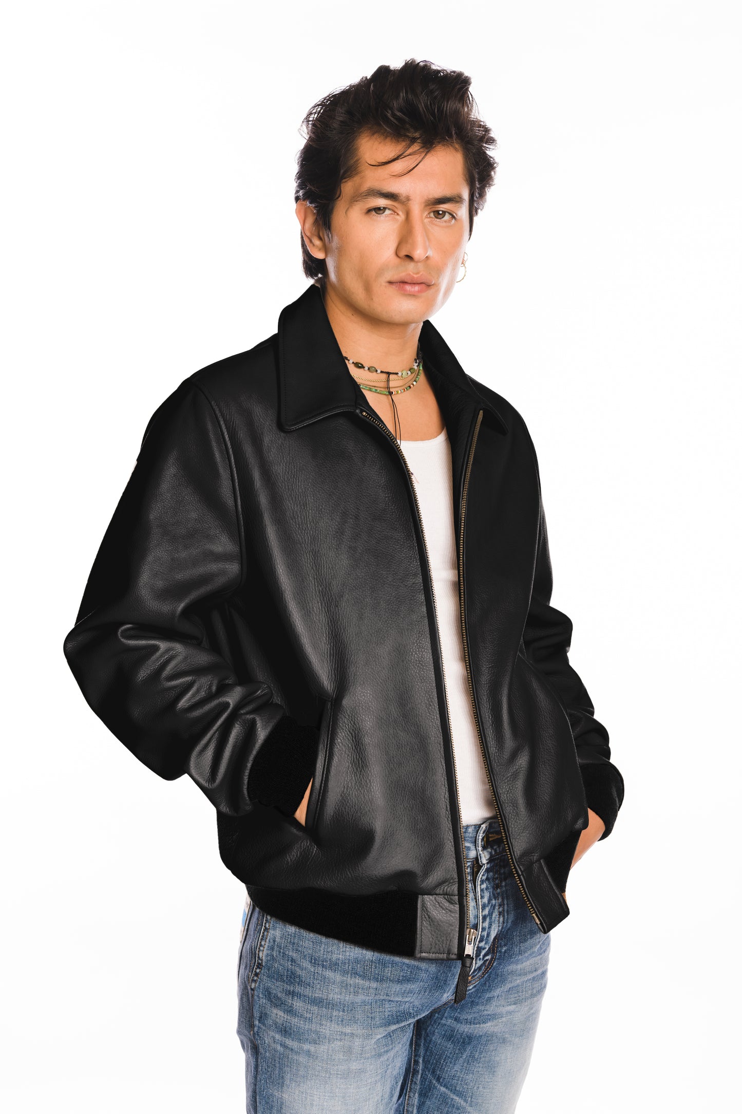 Bedford Leather Baseball Jacket in Black