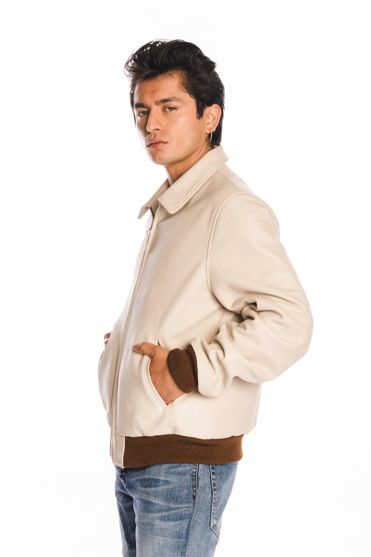 Bedford Leather Baseball Jacket in Ivory