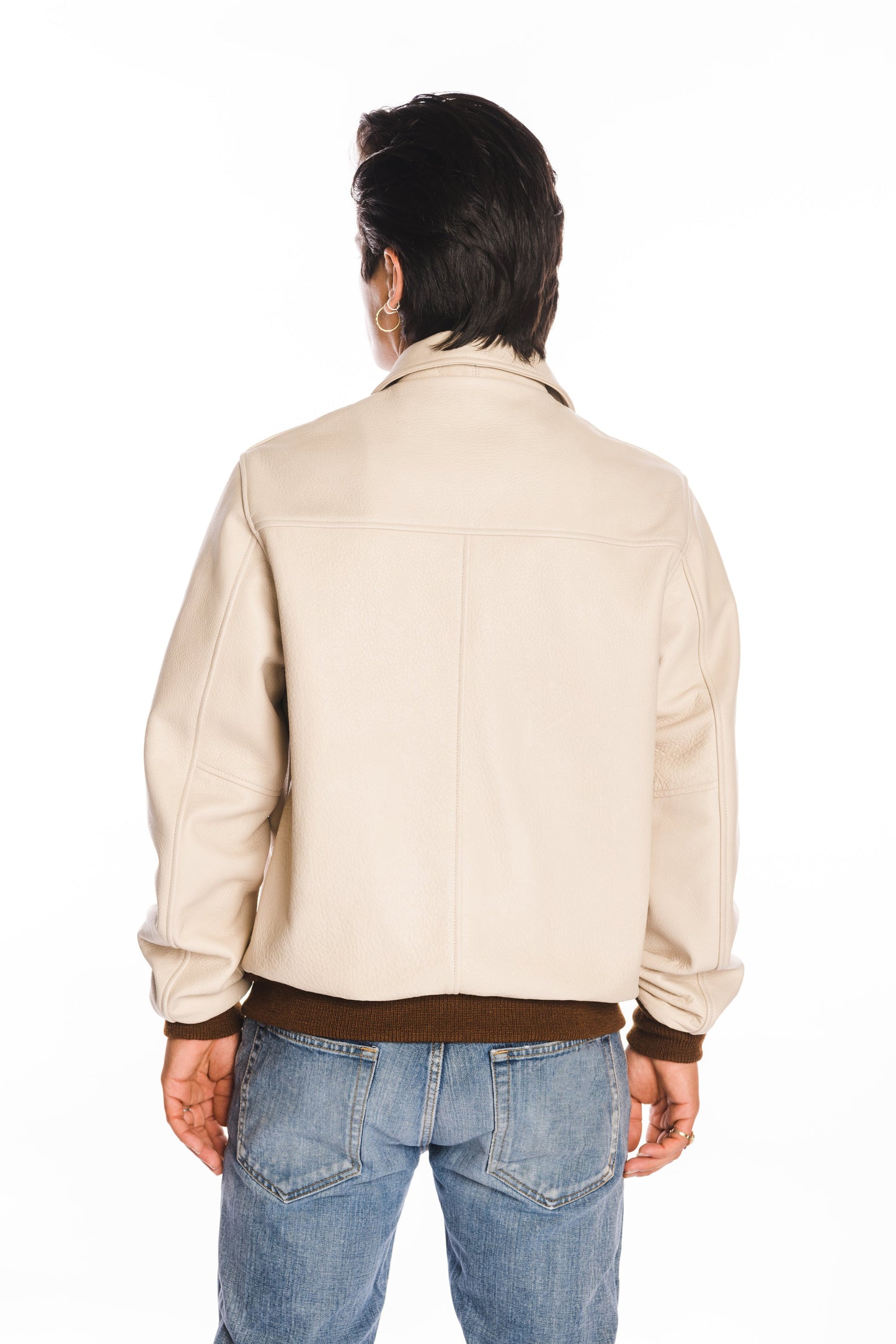 Bedford Leather Baseball Jacket in Ivory